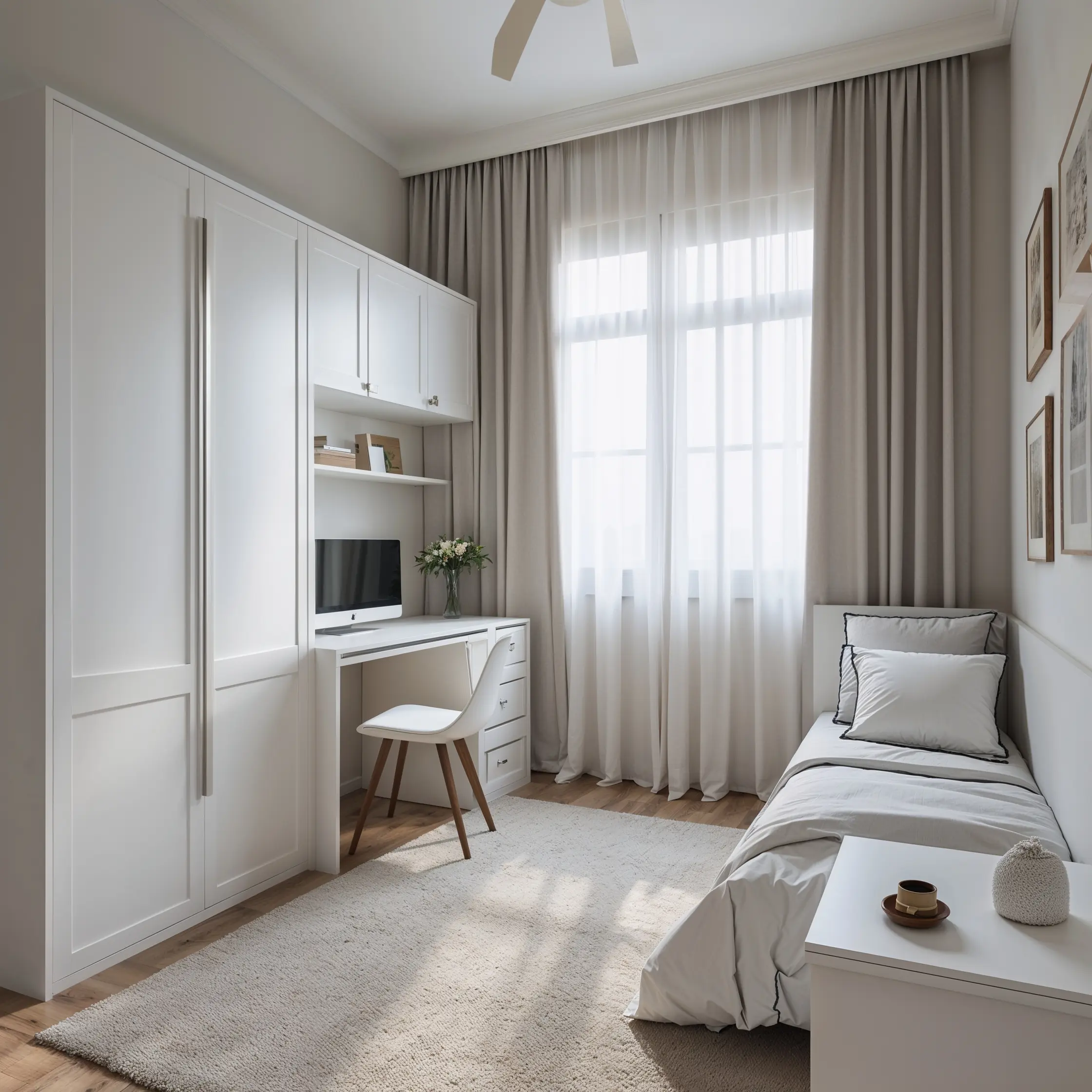 Leonardo_Phoen879ix_10_In_a_small_3ping_bedroom_choosing_white_fo_0 一間僅有3坪的小臥室如果衣櫃、書桌都選白色,搭配白牆白窗簾