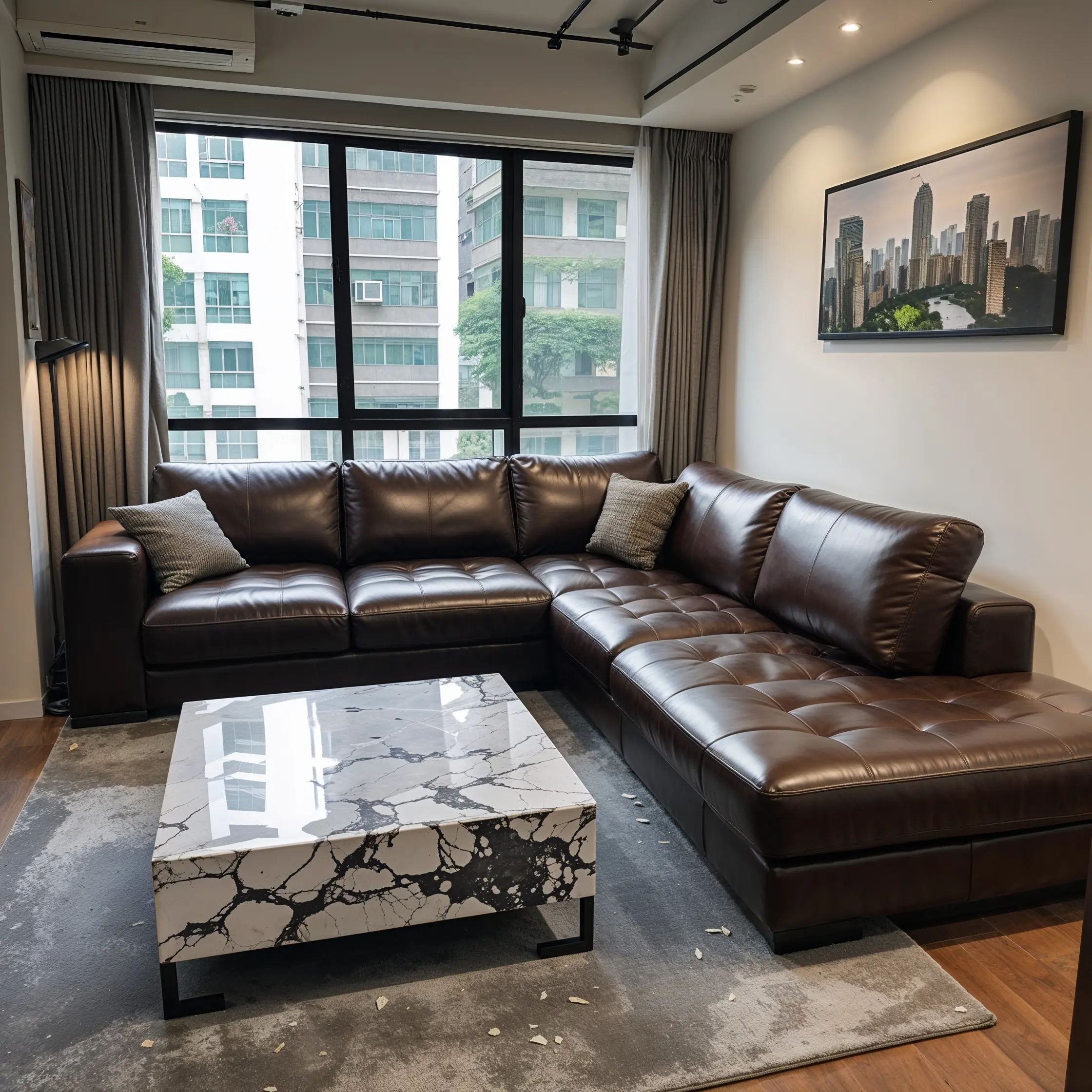 Leonardo_Phoenix_10_A_young_professional_living_in_an_8ping_st_0 小客廳裡擺了一組深咖啡色的大沙發