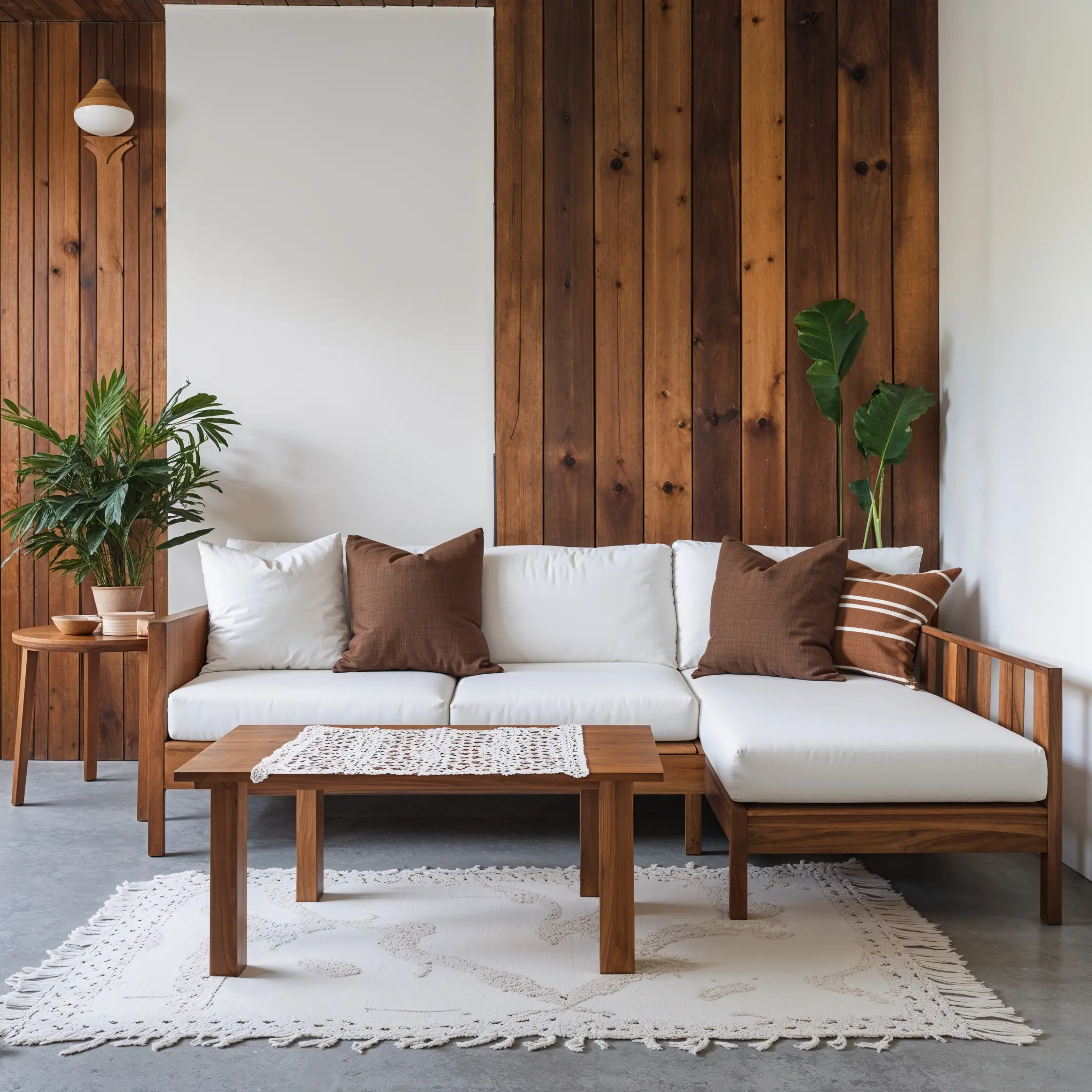 Leonardo_Phoenix_10_Furniture_and_Background_HarmonyThis_is_a_0 白沙發上放幾個棕色抱枕,木茶几上鋪一塊白色蕾絲桌巾