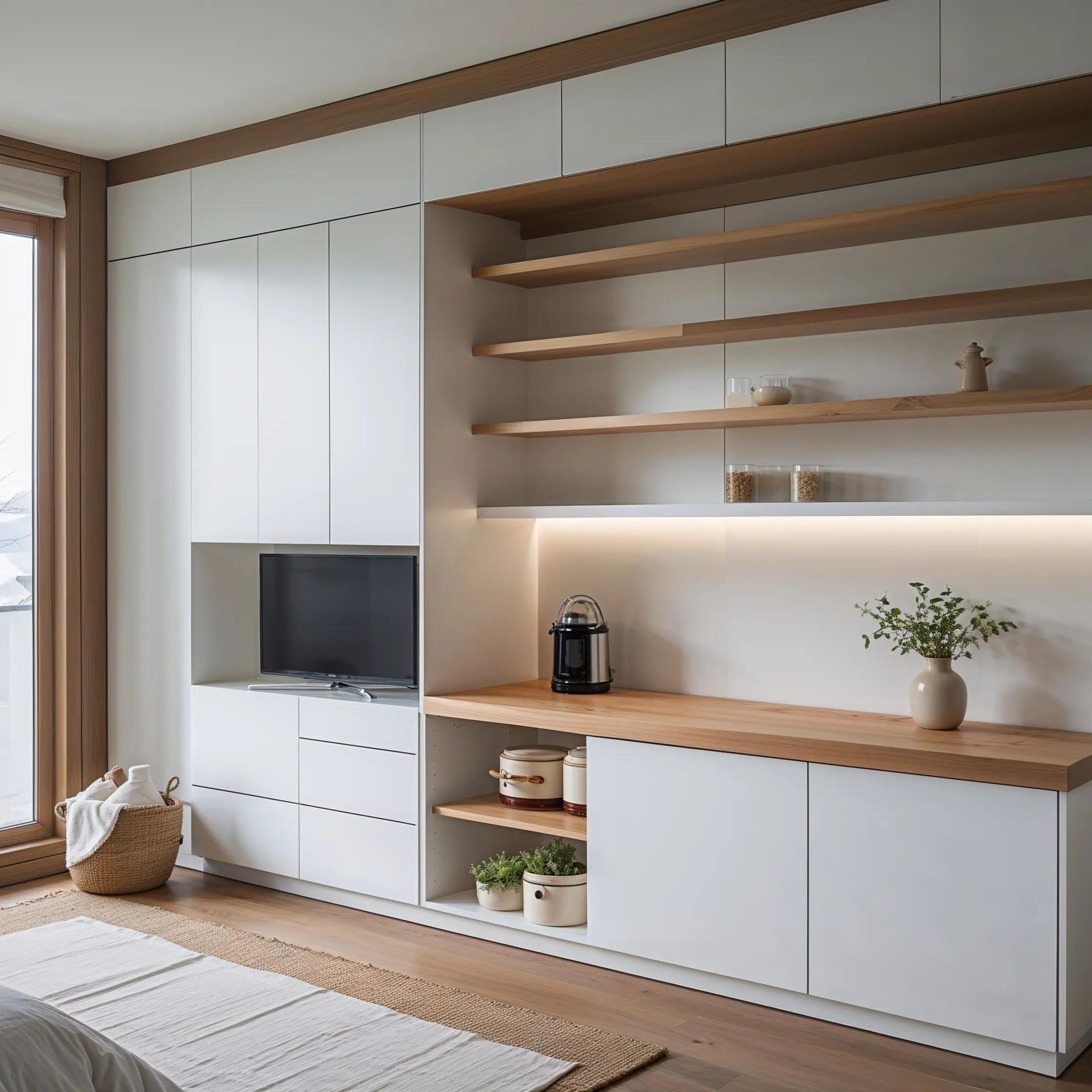 Leonardo_Phoenix_10_WhiteBase_WoodAccent_CabinetryThis_refers_0 白色櫃體+木色門板或檯面