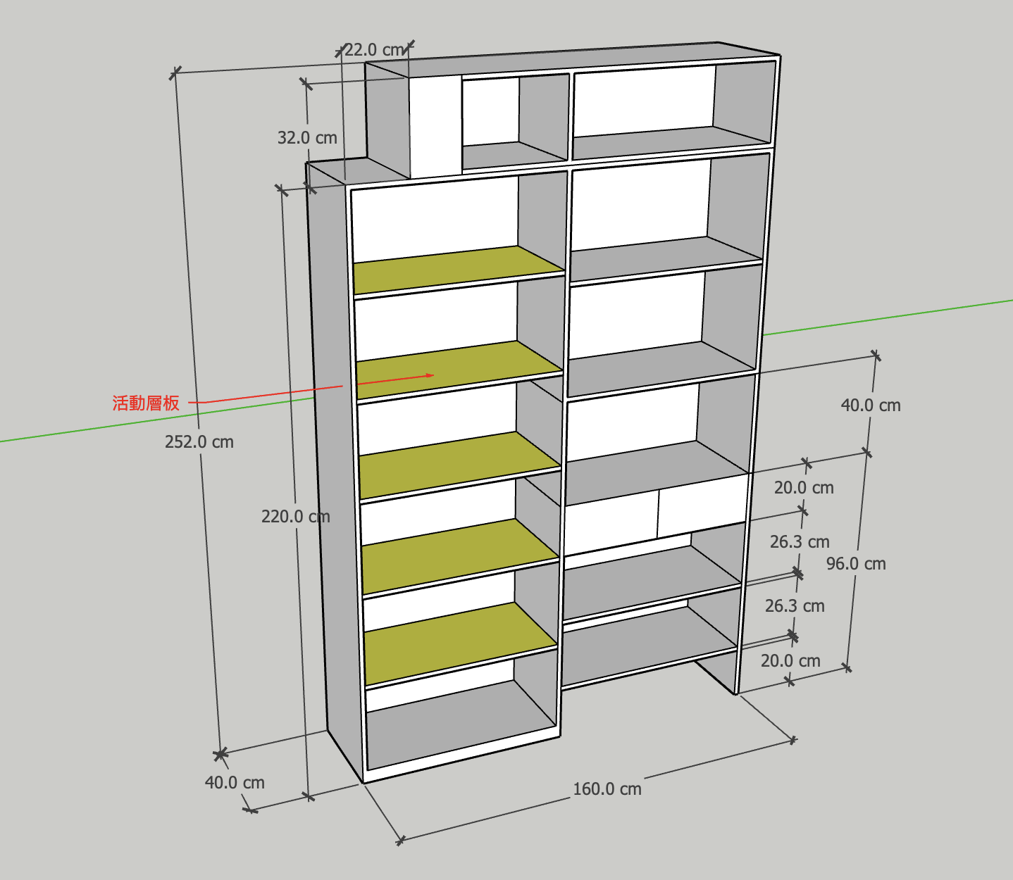 這張圖展示了客製化鞋櫃內部的3D設計圖