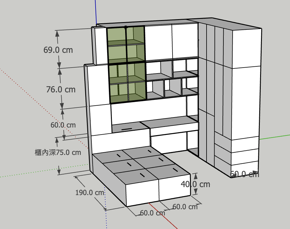 這張照片是此次設計的3D設計圖紙,綠色區域為玻璃櫃。
